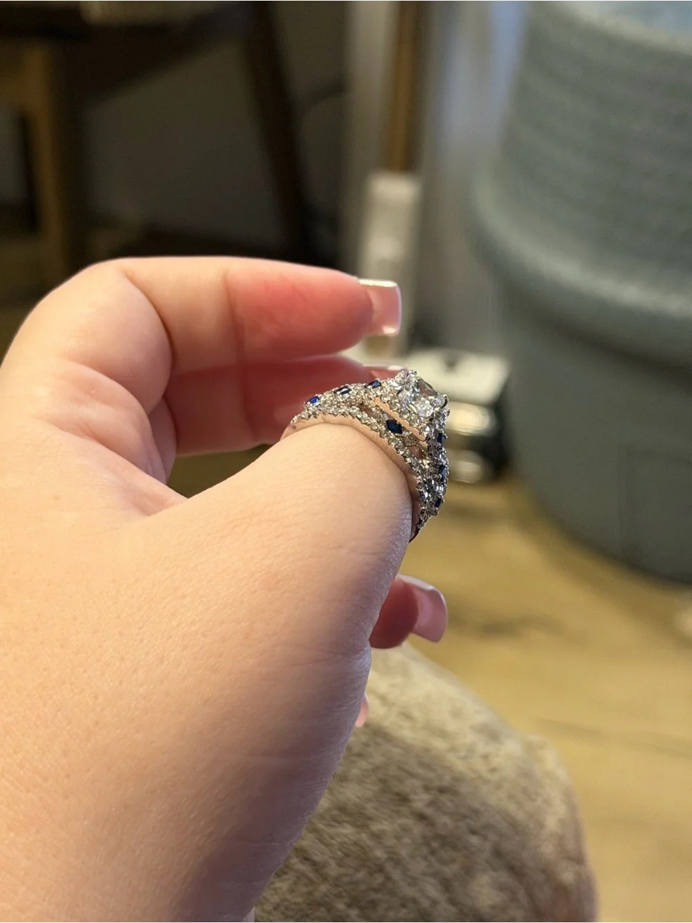 Vera Wang Radiant Princess Cut CZ and Sapphire Wedding Ring Set